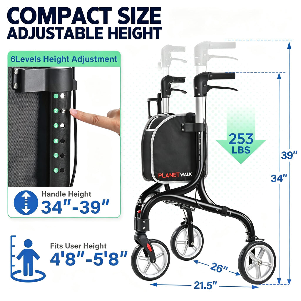 Super Lightweight 3 Wheel Foldable Aluminum Walker with Cup Holder, Black U995123