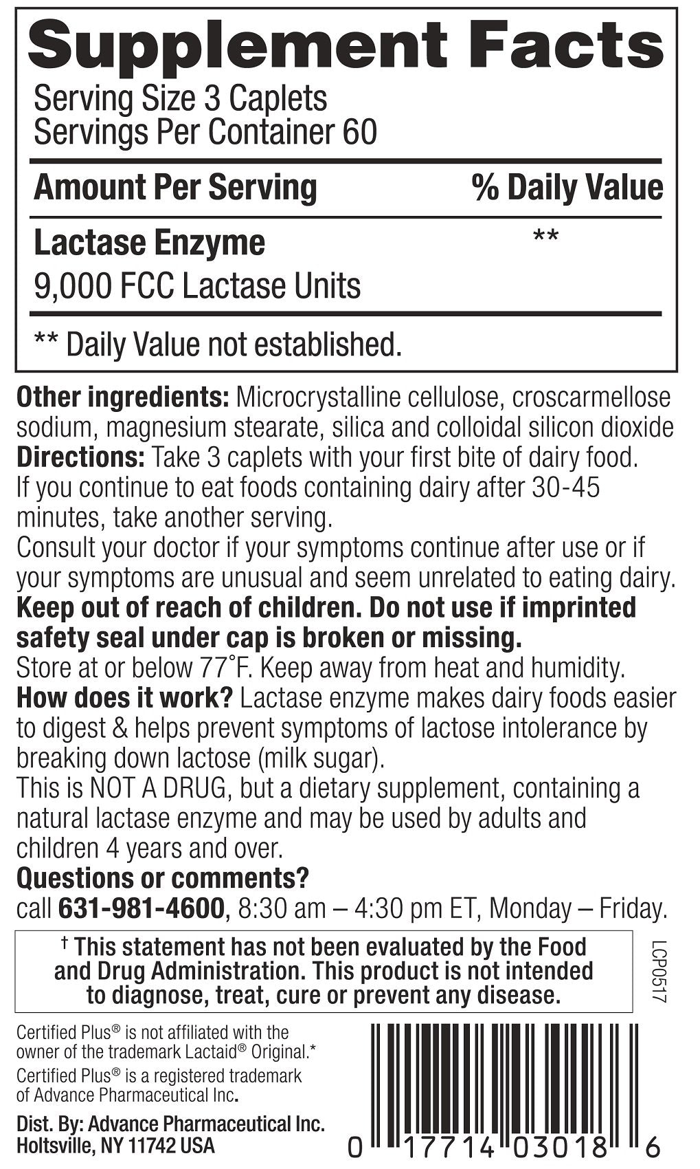 Lactase Enzyme 540 Caplets 3000 FCC X71051