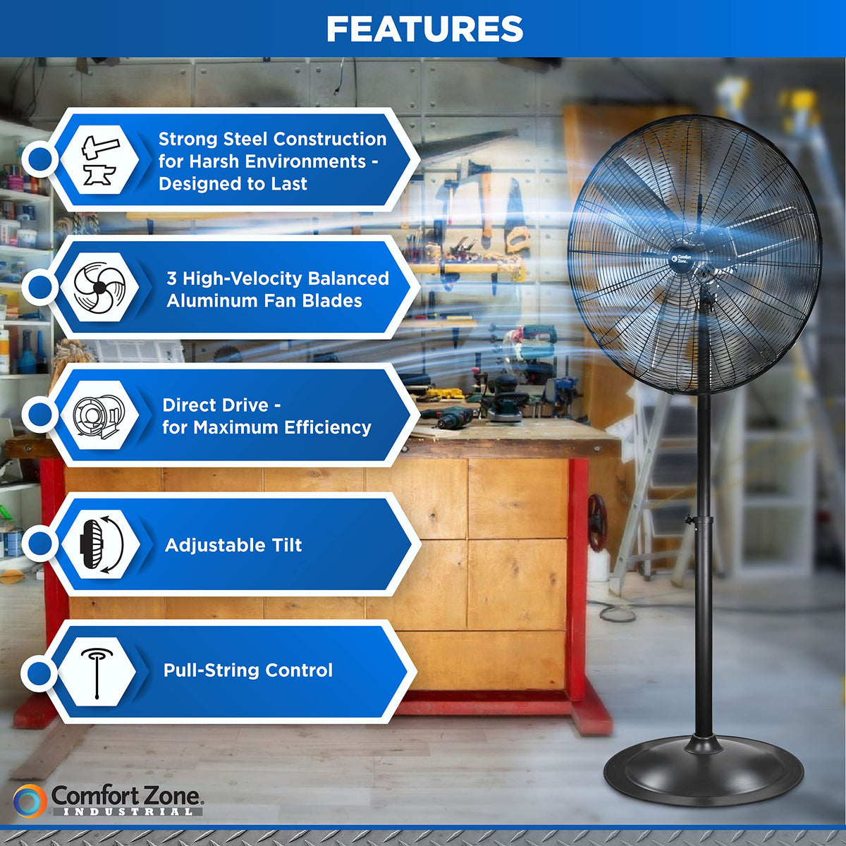 Industrial Pedestal Fan, 30 inch, 3 Speed, Adjustable Height, Metal C5835