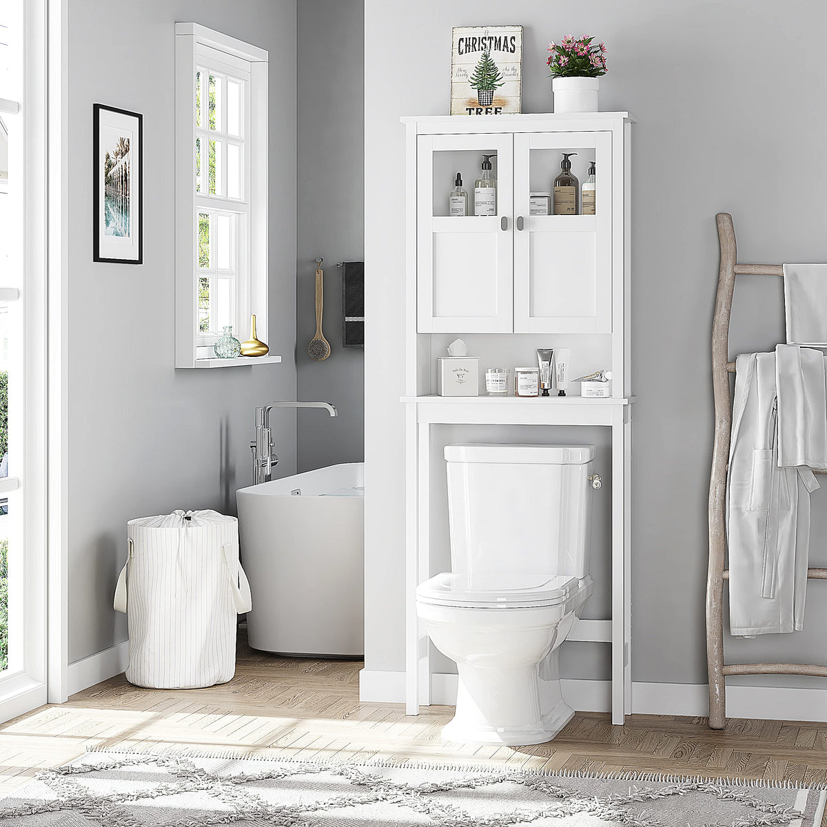 White Over the Toilet Storage Cabinet with Glass Doors G455460