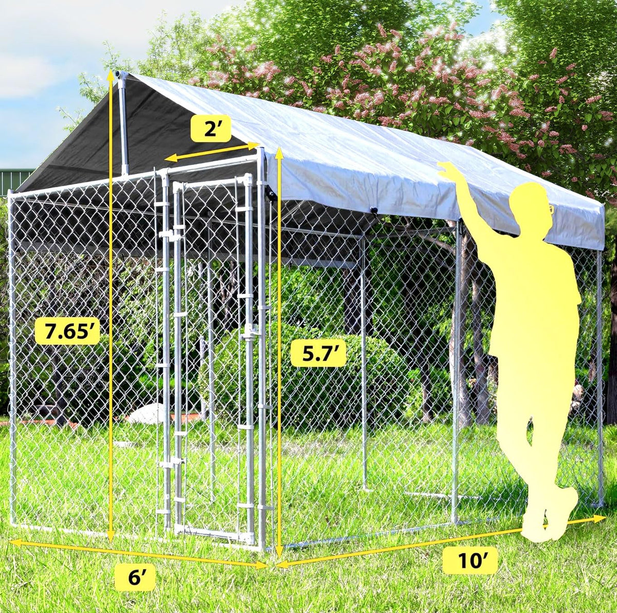 Heavy Duty Galvanized Steel Dog Kennel with Lockable Door and Water-Resistant Roof U61798