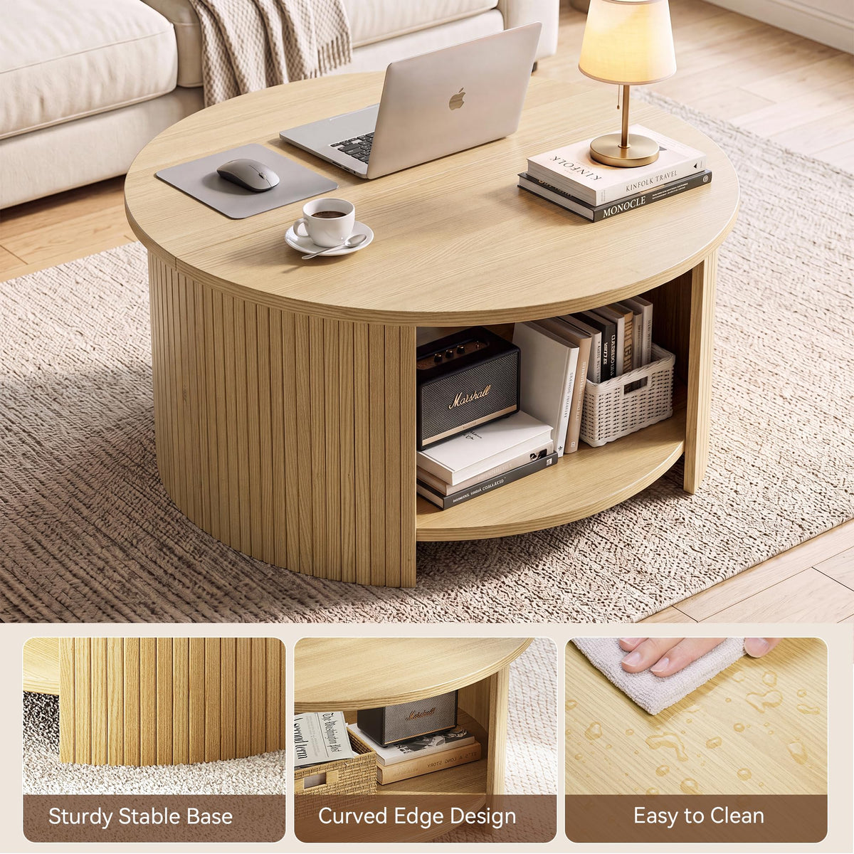 31.5" Round Wood Coffee Table with Storage X356