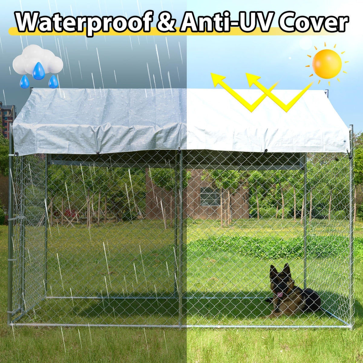 Heavy Duty Galvanized Steel Dog Kennel with Lockable Door and Water-Resistant Roof U61798