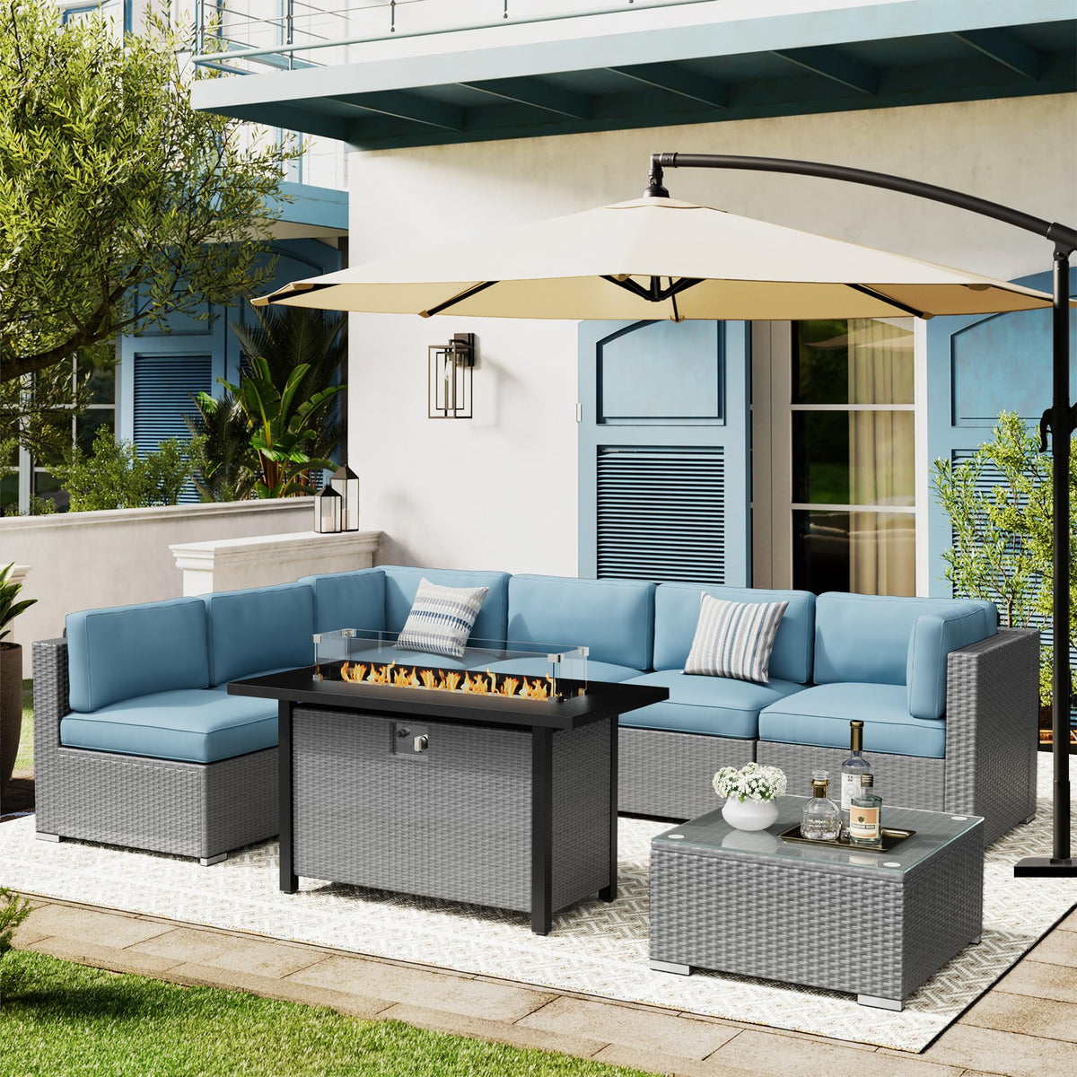 8 Piece Grey PE Wicker Patio Sectional Sofa Set with Fire Pit Table U726281