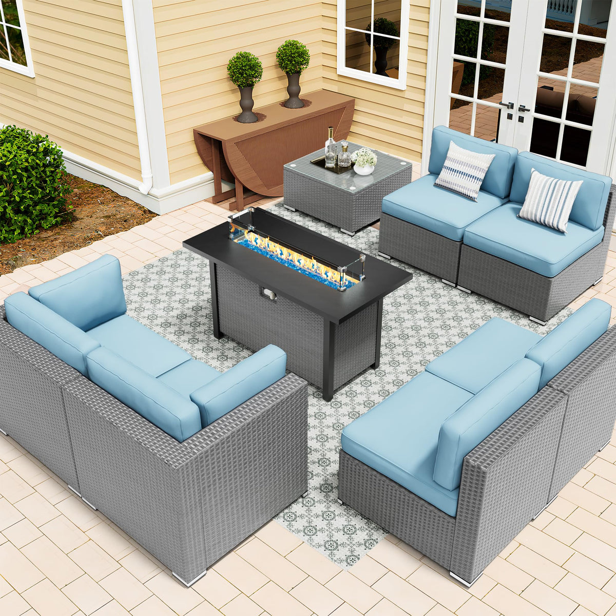 8 Piece Grey PE Wicker Patio Sectional Sofa Set with Fire Pit Table U726281