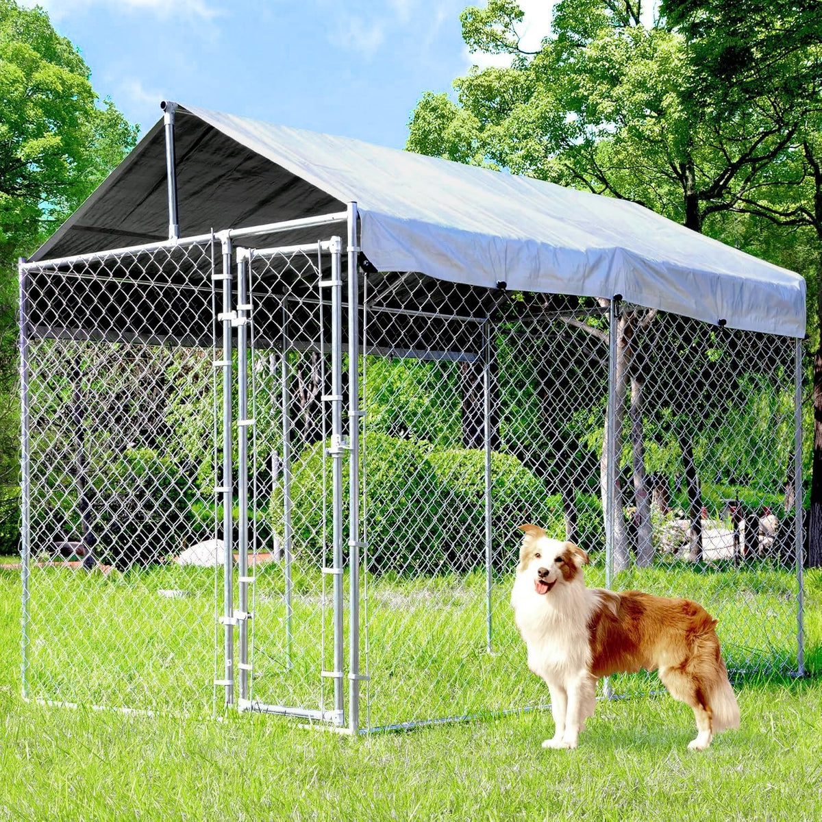 Heavy Duty Galvanized Steel Dog Kennel with Lockable Door and Water-Resistant Roof U61798